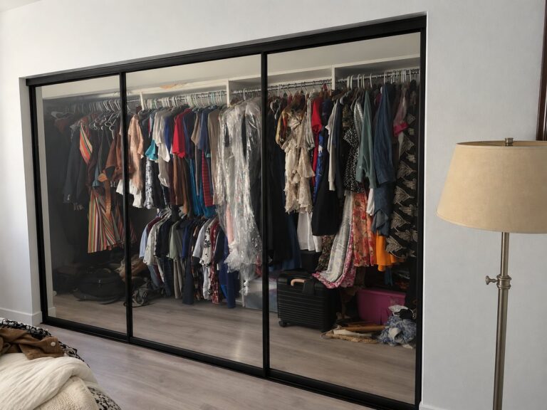 Black frame triple track closet doors installed by The Door Replacement Company, serving Stanton, CA