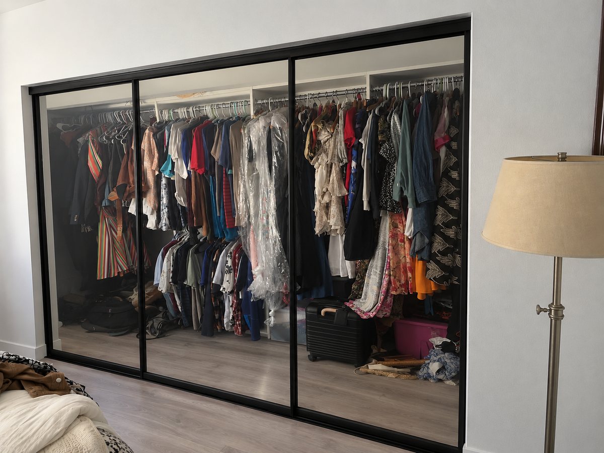 Black frame glass triple track closet doors