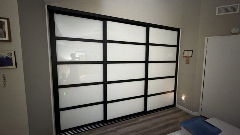 Frosted glass grid sliding closet doors installed by The Door Replacement Company, serving Whittier, CA