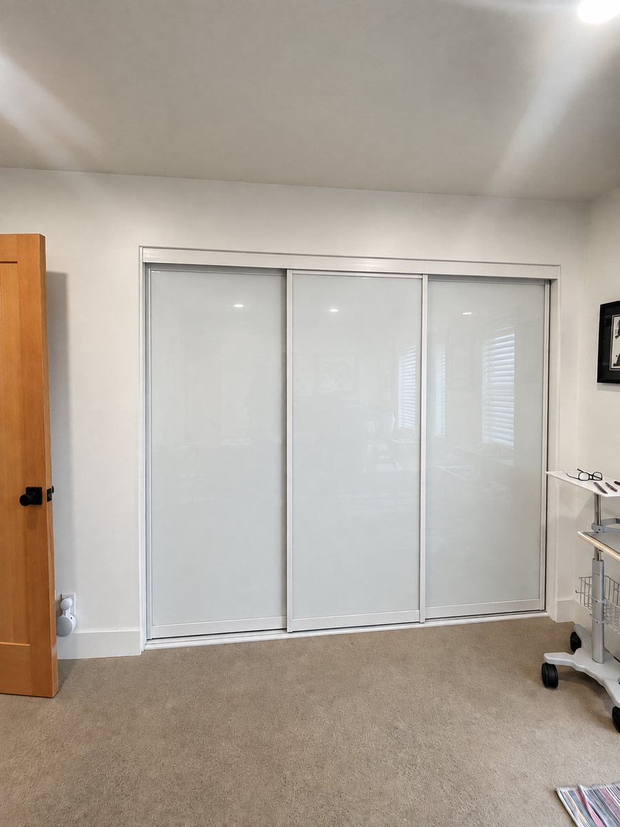 White glass 3 panel sliding closet doors
