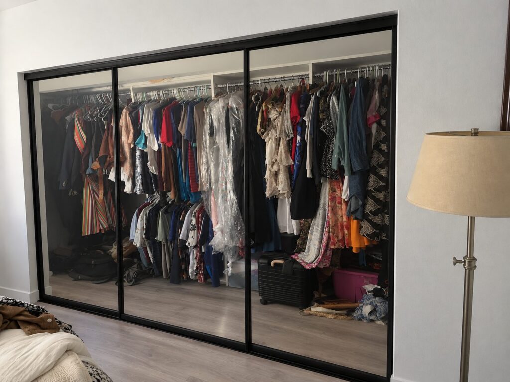 Black-frame glass sliding closet doors installed by The Door Replacement Company, serving Manhattan Beach, CA