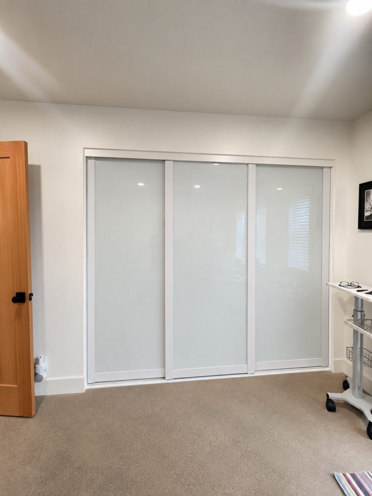 White glass three-panel sliding closet doors with white aluminum frames