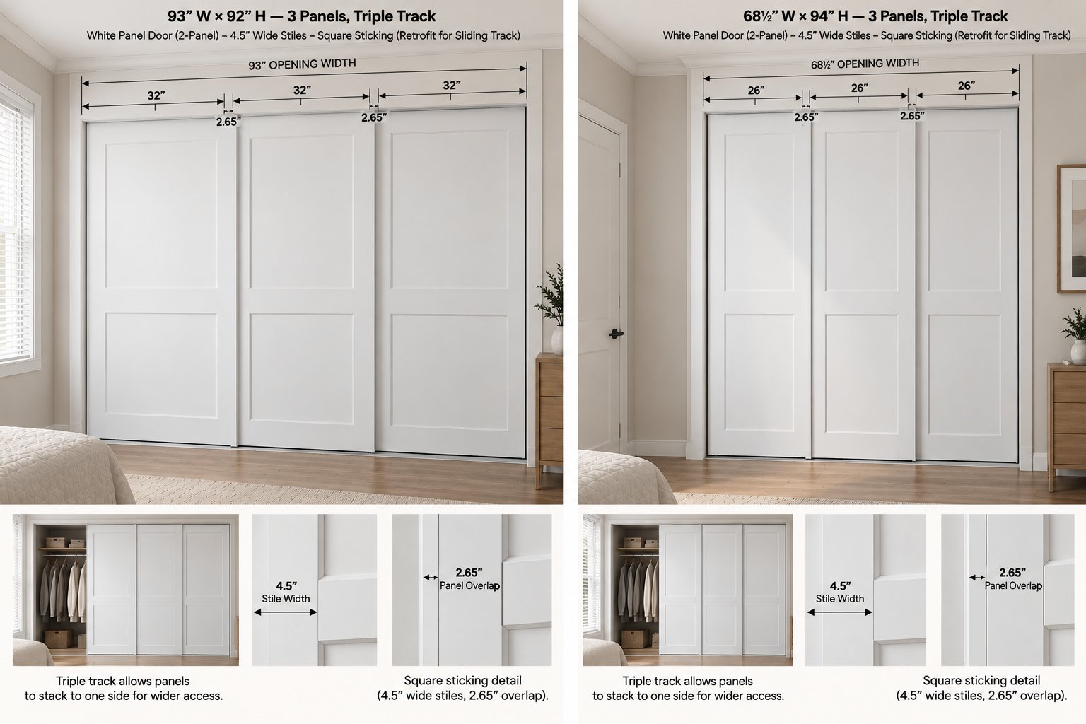 Design illustration of wood triple-track sliding closet door configurations for 93 and 68.5 inch openings